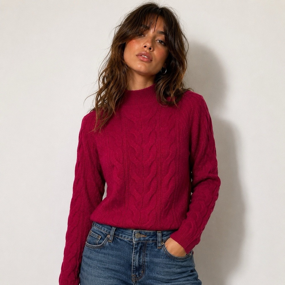 Banana Republic Recycled Wool Blend Cable Knit Raglan Mock Neck Sweater Womens S